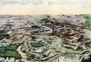 Fotografie einer französischen Karte, die die Schlachtfelder von Verdun zeigt, September 1916